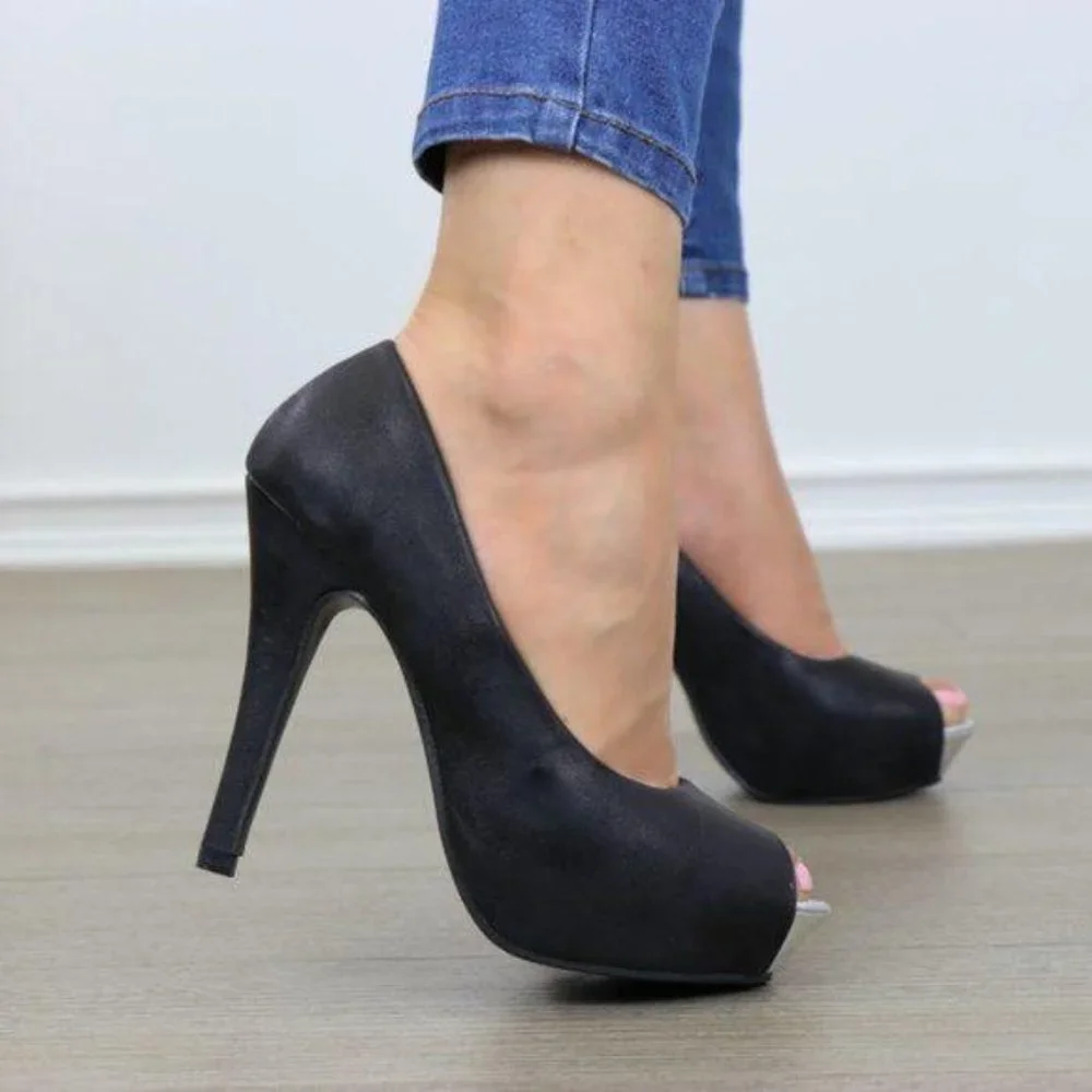 Sexy Black Metallic Peep Toe Platform High Heels - Picture 2 of 9